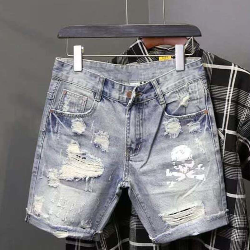 Men'S Fashion Overalls - Pantalones vaqueros cortos rasgados elásticos con