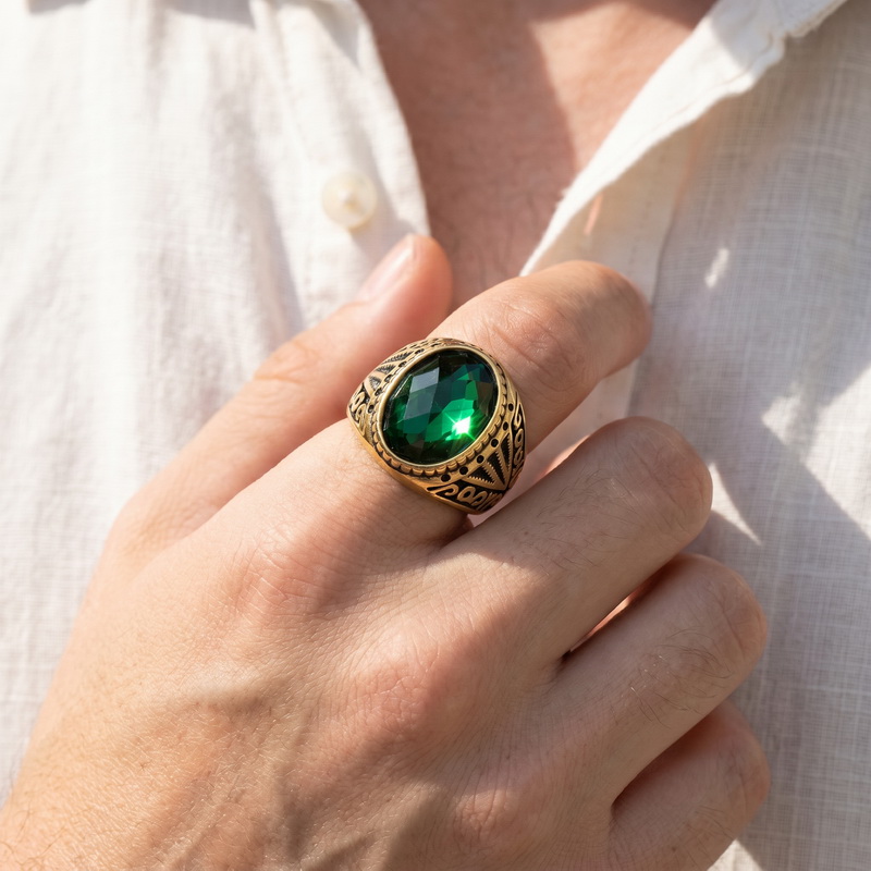 Men'S Fashion Lk - Anillo Retro Verde de Alta Calidad